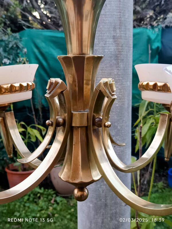 lustre art déco 4 feux bronze et opaline