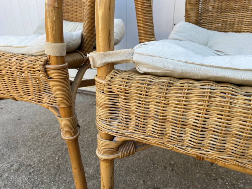 Set of 3 vintage rattan and wicker armchairs