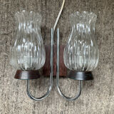 Vintage double light wall lamp in teak and molded glass