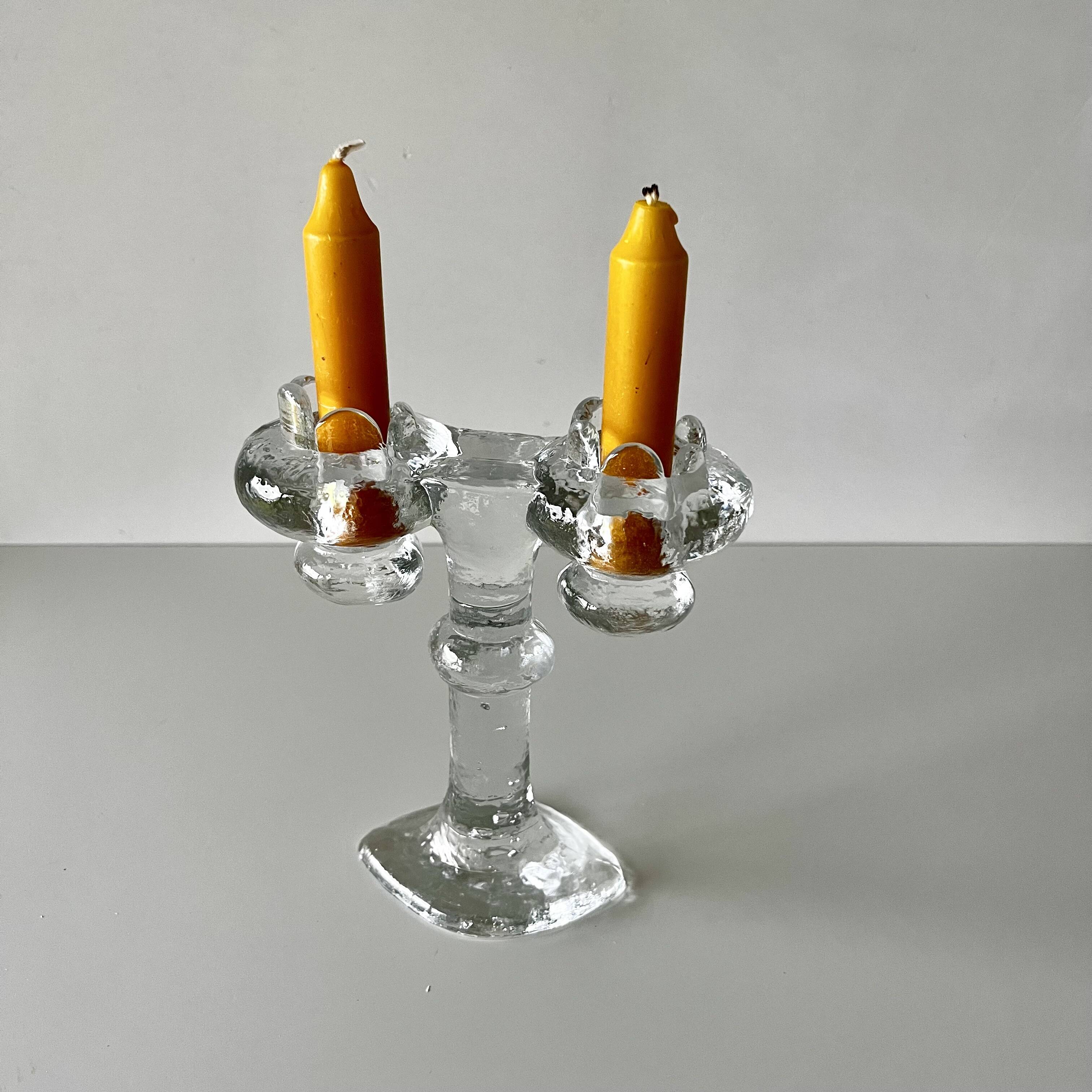 Brutalist double candle holder in ice glass Pukeberg Sweden – 1970