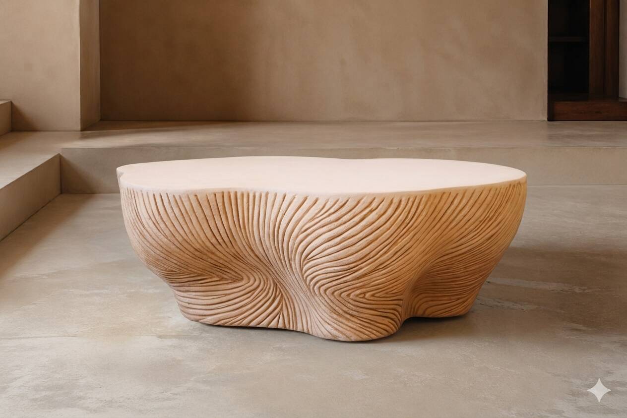 Design coffee table with travertine rock effect — unique piece hand-sculpted.