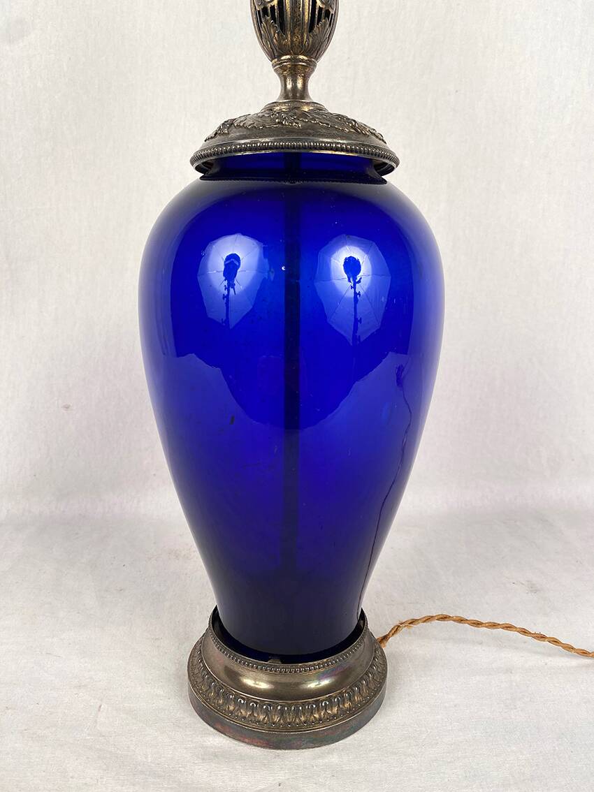 Risler and Carré. Large lamp in blue glass and silver frame, Minerve hallmark