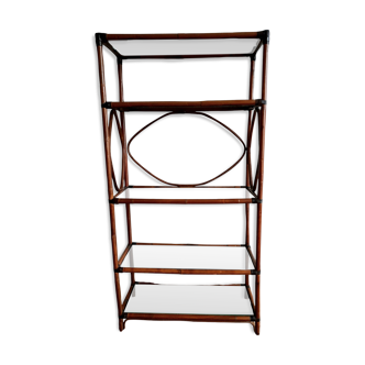 Grande étagère en rotin et verre fumé 1960