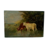 Table oil on panel cows late 19th early 20th century