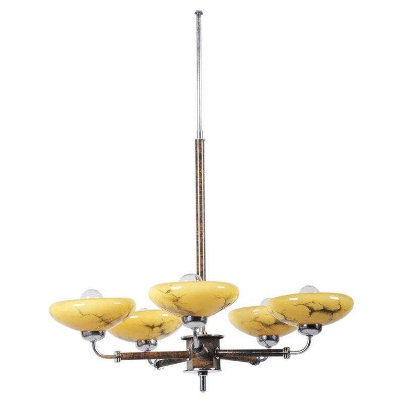 Art Deco Chandelier in Chrome and Beech, Czech, 1920s