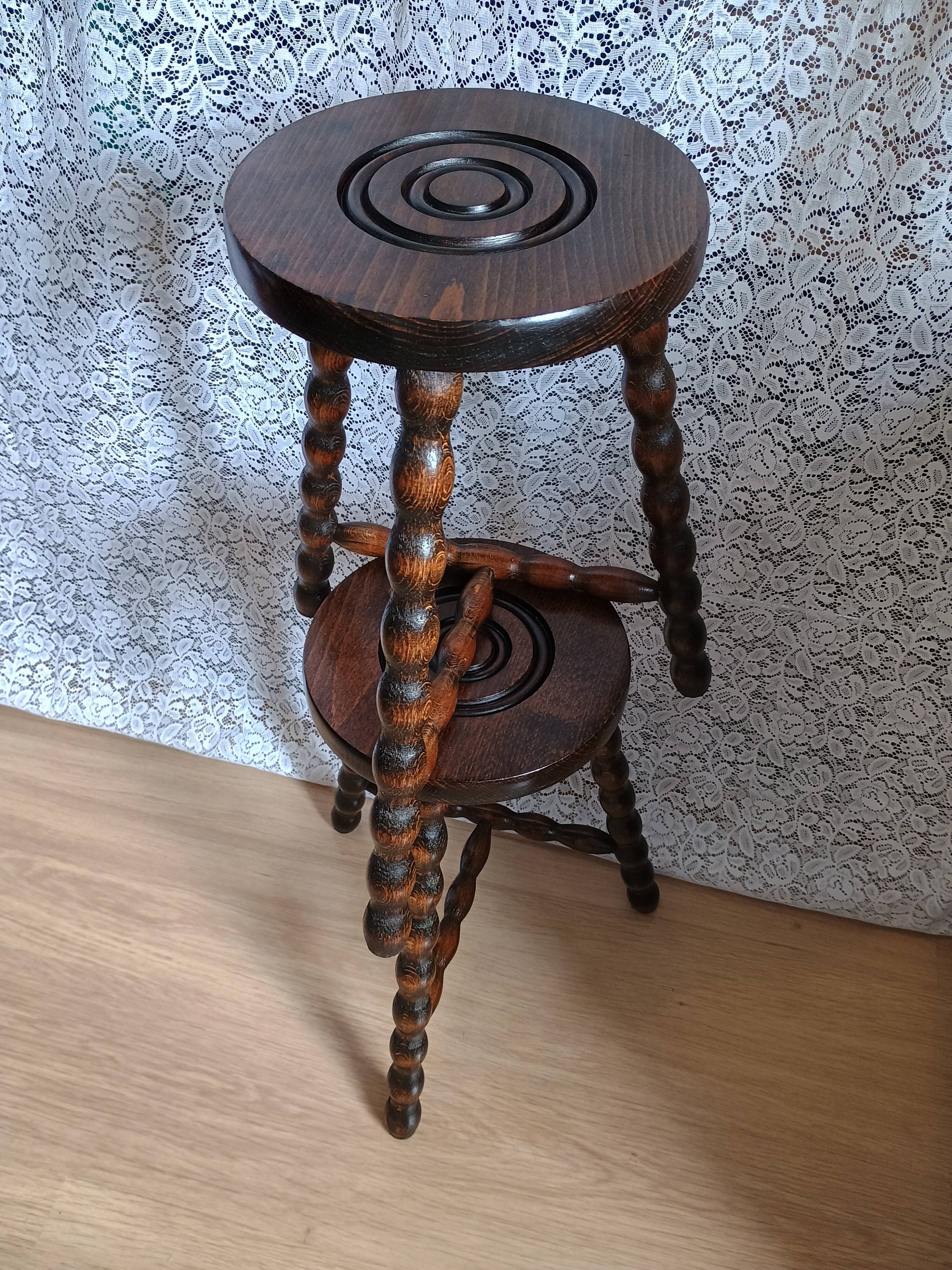 Pair of vintage turned wood tripod stools