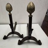 Old pair of wrought iron and bronze andirons