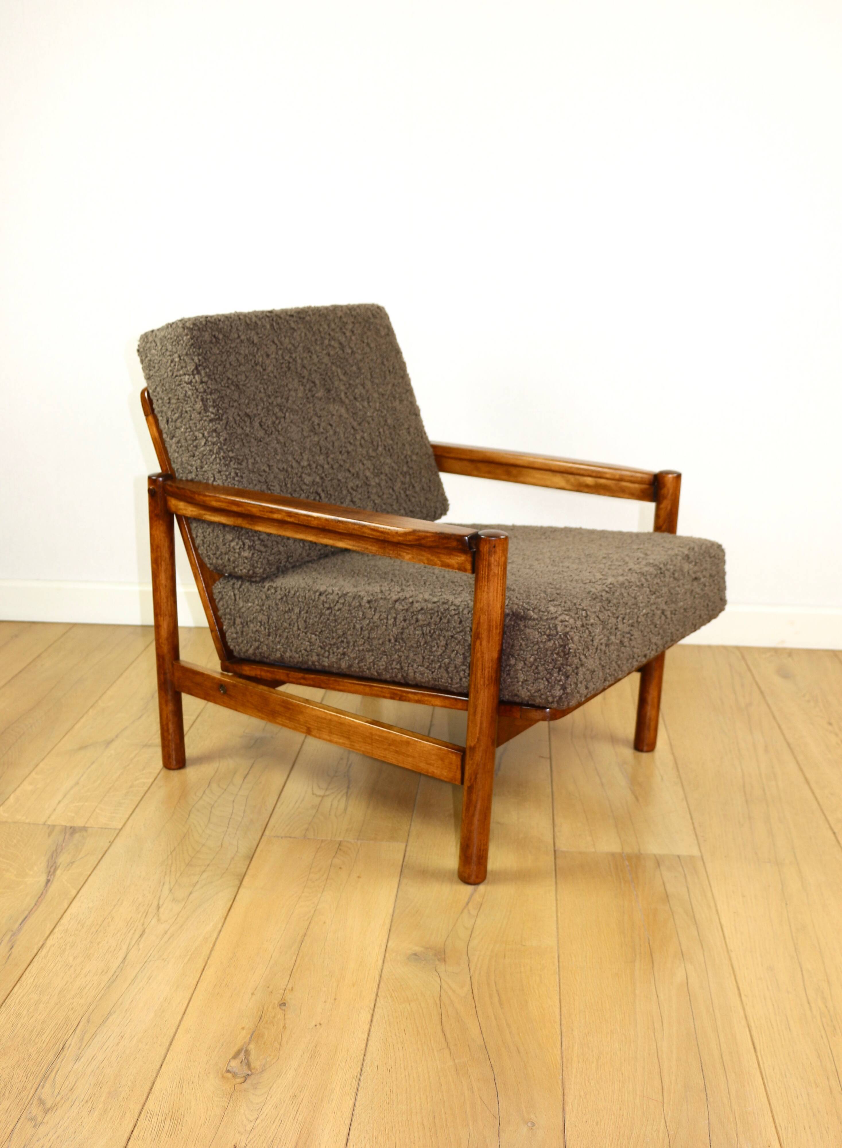 Wooden armchair designed by Z. Baczyk brown vintage chocolate brown boucle lamb