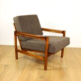 Wooden armchair designed by Z. Baczyk brown vintage chocolate brown boucle lamb