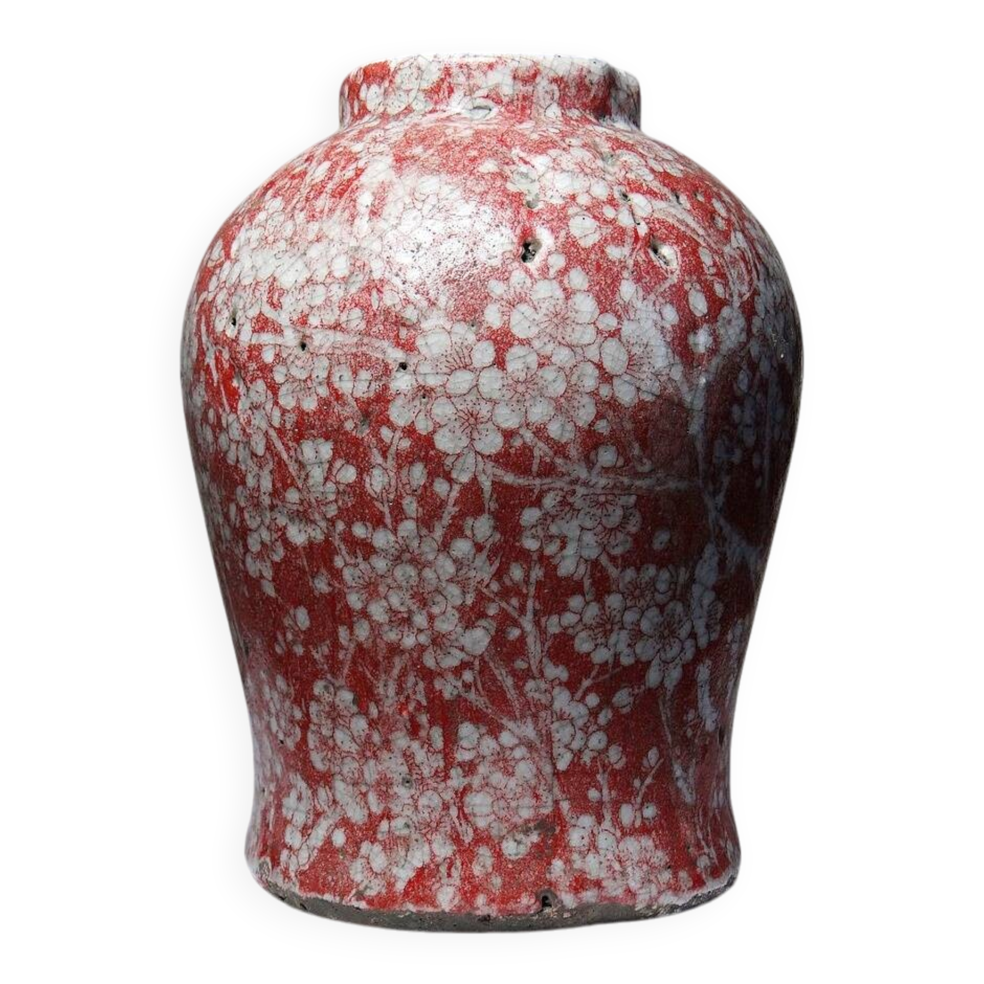 Glazed raku ceramic vase decorated with sakura, vintage 1980s-1990s.