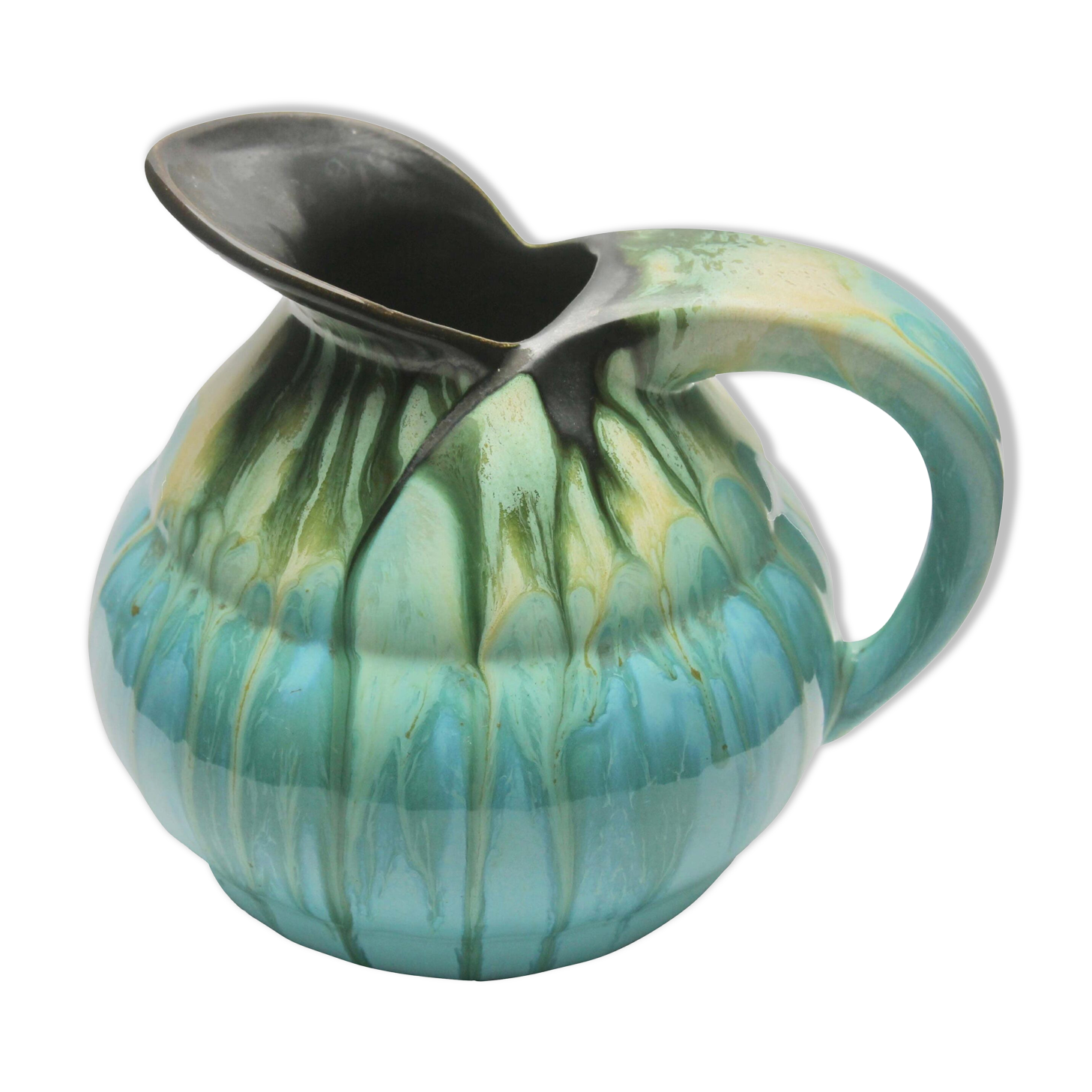 Ceramic pitcher glaze drop light blue, signed belgium