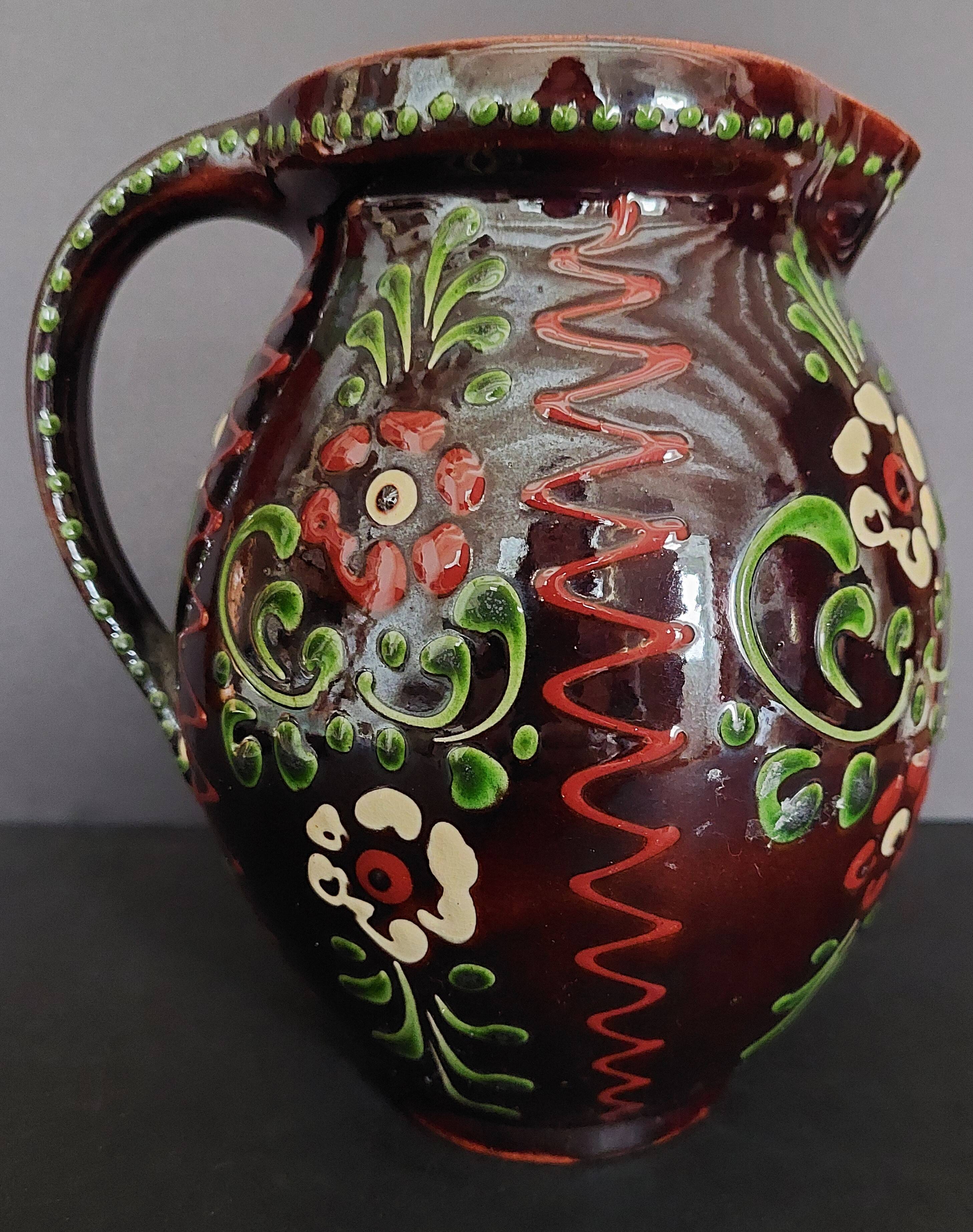 20th century Alsace glazed terracotta pitcher
