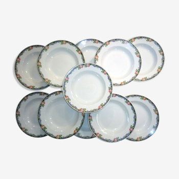 Assiettes creuses service floral porcelaine Sarreguemines Digoin liseré or fib