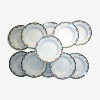 Hollow plates serving floral porcelain Sarreguemines Digoin bordered gold fib