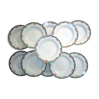 Assiettes creuses service floral porcelaine Sarreguemines Digoin liseré or fib