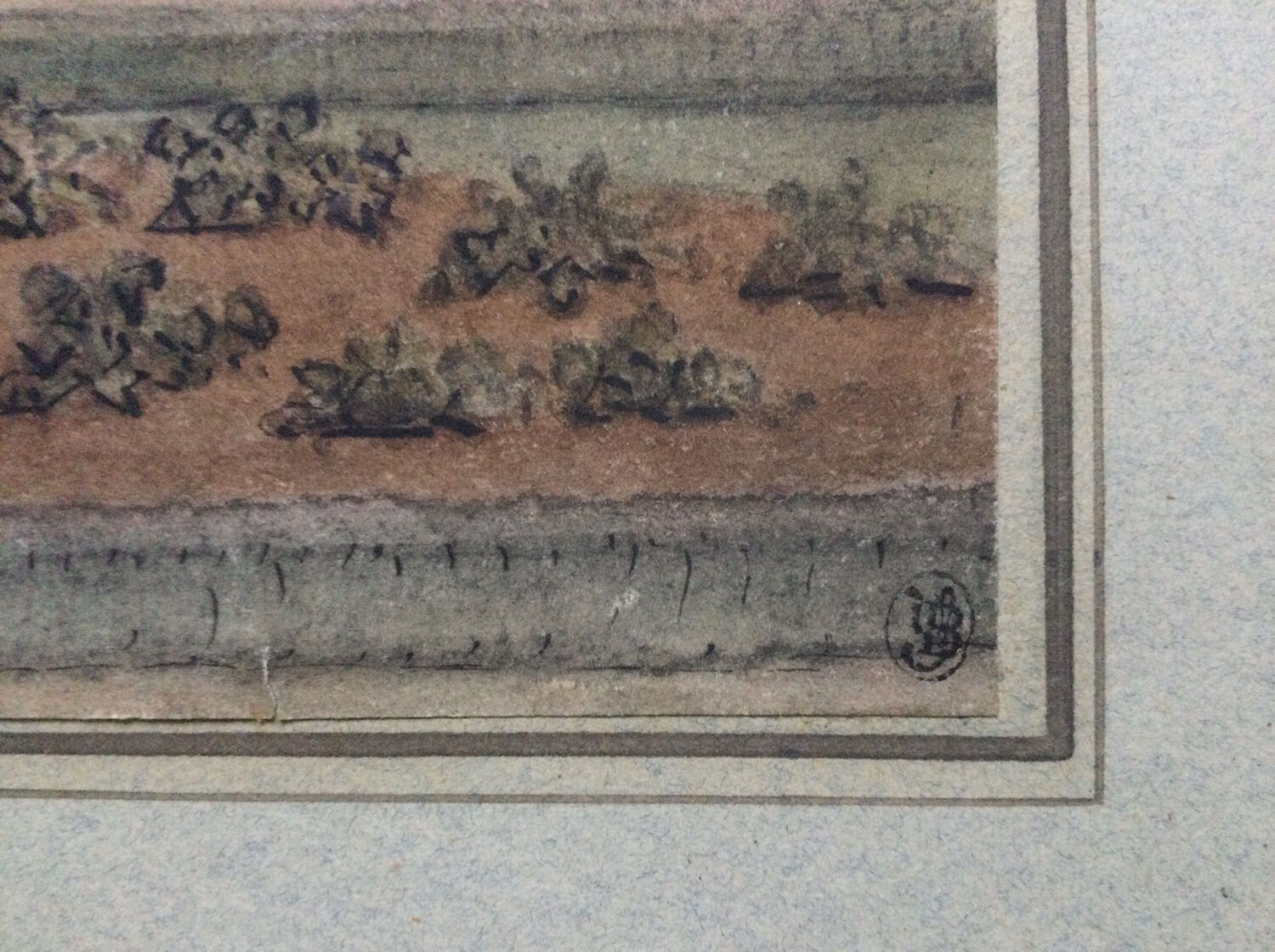 The garden of the abbey. Watercolour 19th century monogrammed.