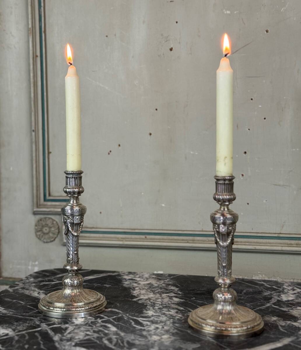 Pair of Louis XVI Style Wolfers Candlesticks, Solid Silver, Hallmarked
