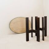 Console table with malachite top on double tripod base in black metal