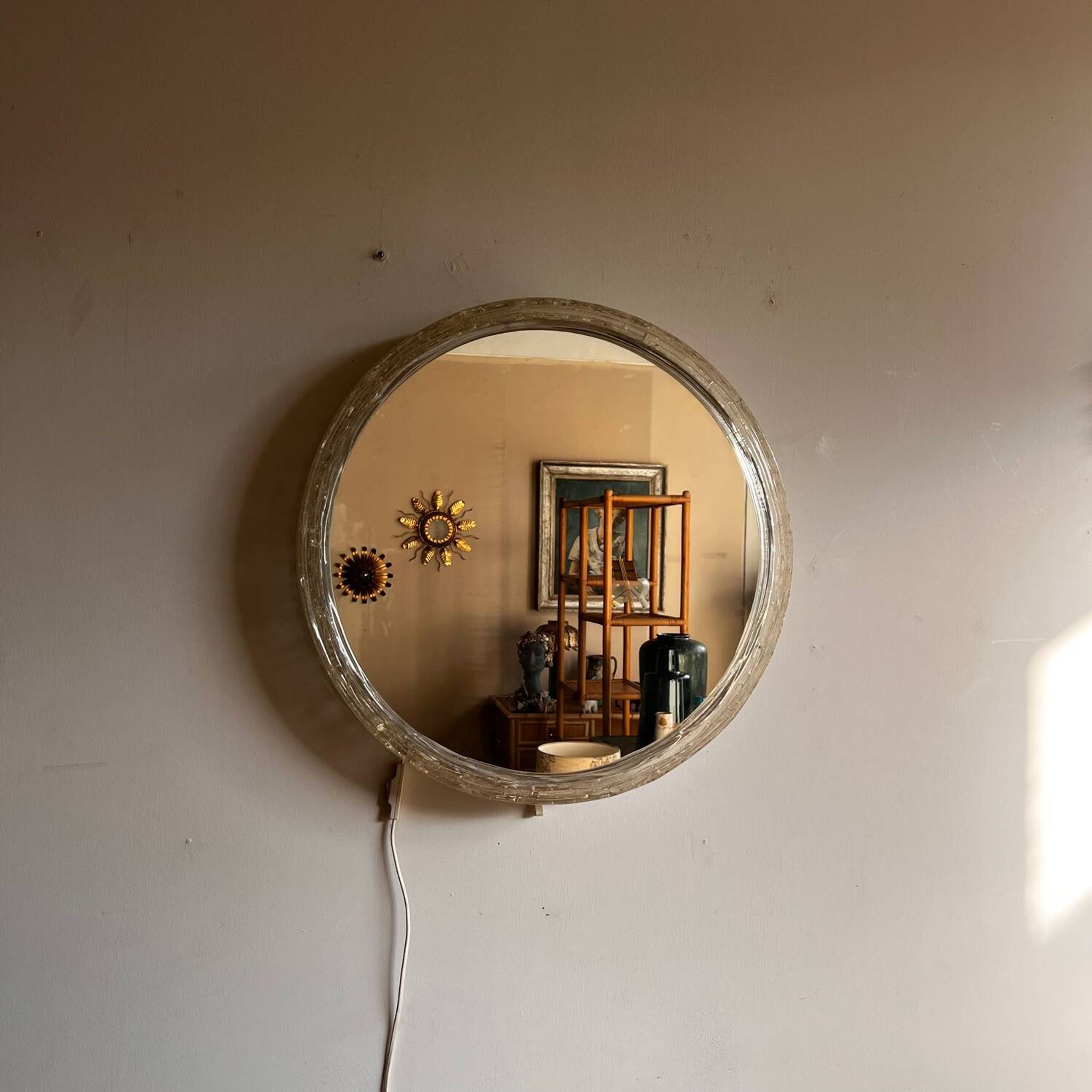 Illuminated mirror ‘iced -glass’ Hillebrand style Mid Century