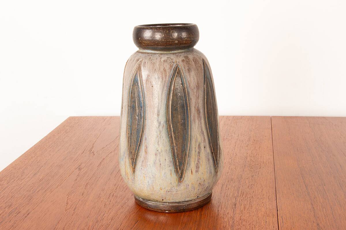 Art Deco period vase in green and gray glazed ceramic by Edouard G