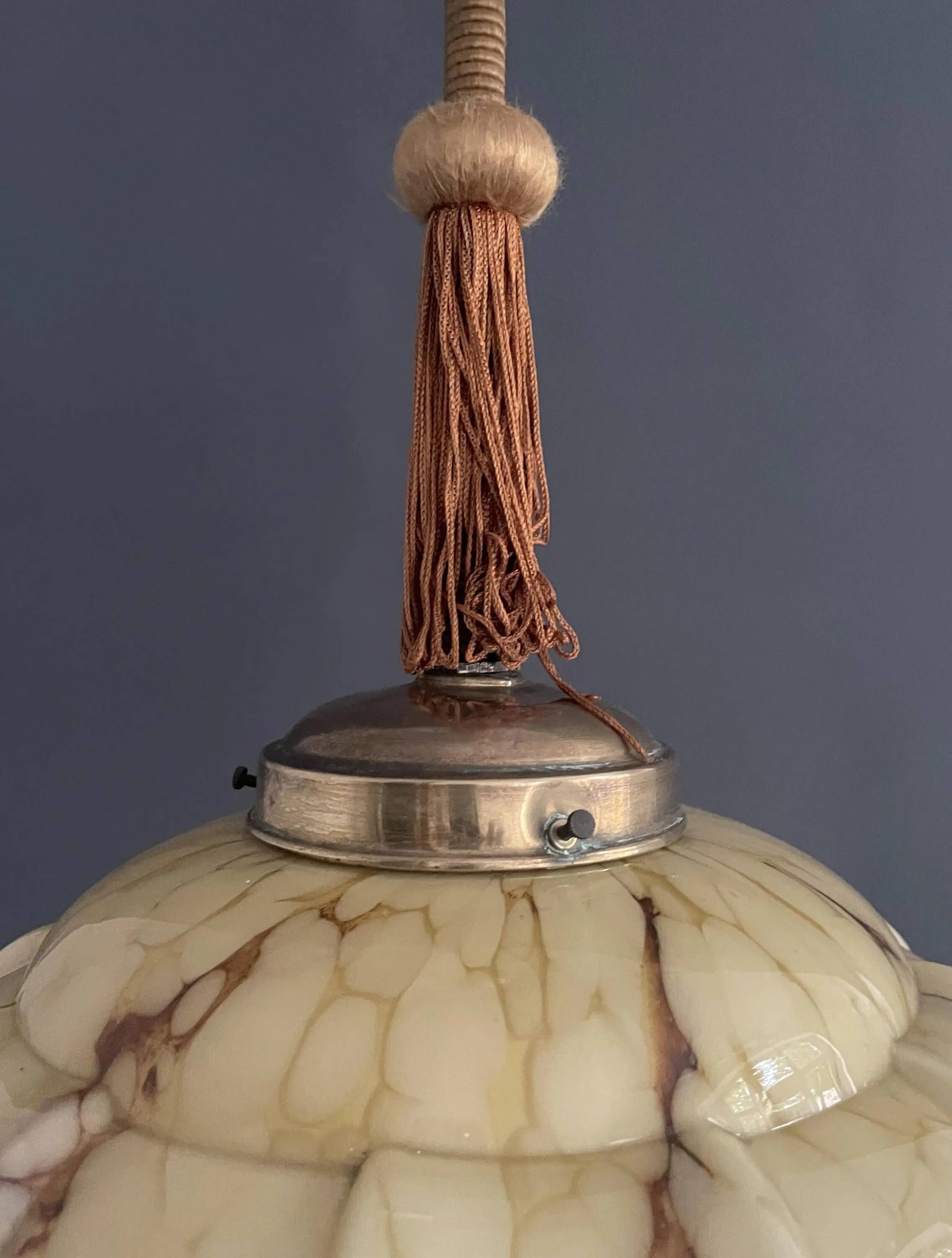 Art Deco Hanging Light with Wrapped Stem, Marble Effect, Metal and Brass - 1930s