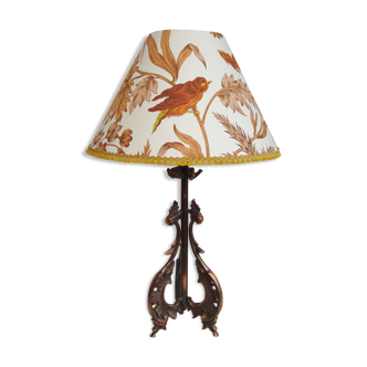 Lampe de table style rocaille avec son abat-jour en tissu vintage motif oiseau