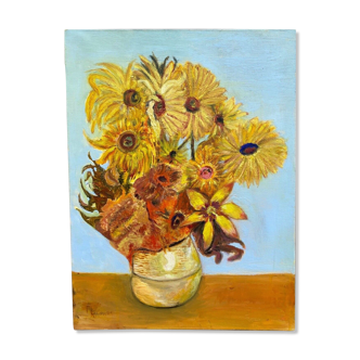 Oil on canvas leparoux sunflowers still life