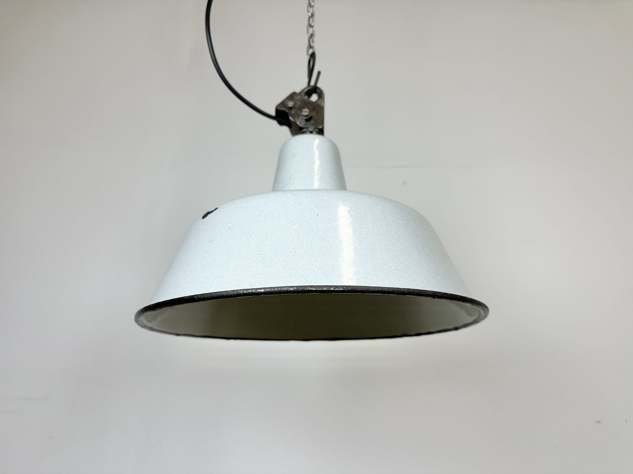 Industrial White Enamel Factory Lamp with Cast Iron Top, 1960s
