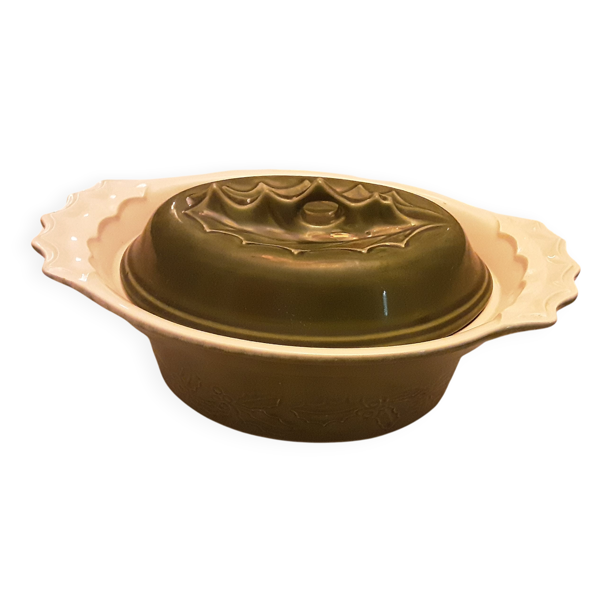 TERRINE EARTHENWARE GREEN BARBOTINE APPOLIA