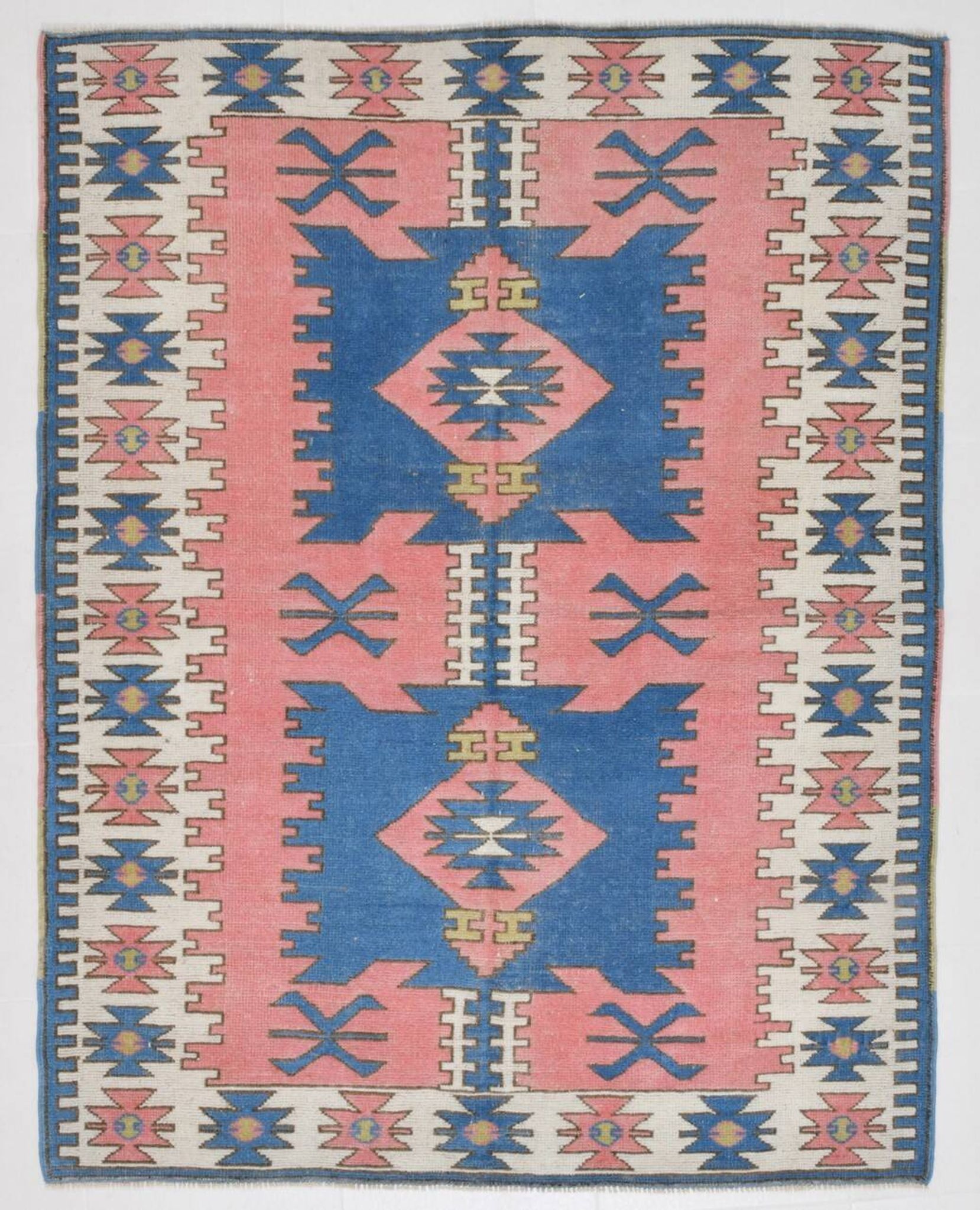 Tapis vintage bleu et rose 5x6, tapis turc en laine fait main, 141x184 cm