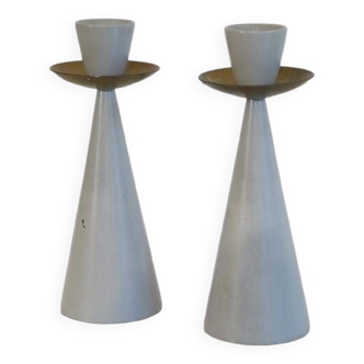 Pair of Swedish candlesticks in painted wood and brass