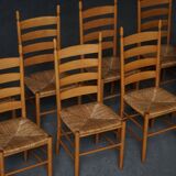 Set of 8 modern Italian dining chairs, beech with woven seats, 1960s.
