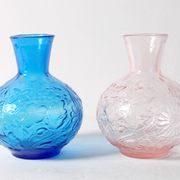 Set of 2 Vintage Small Blue and PinkGlass Vases with Flowers Pattern, Italy