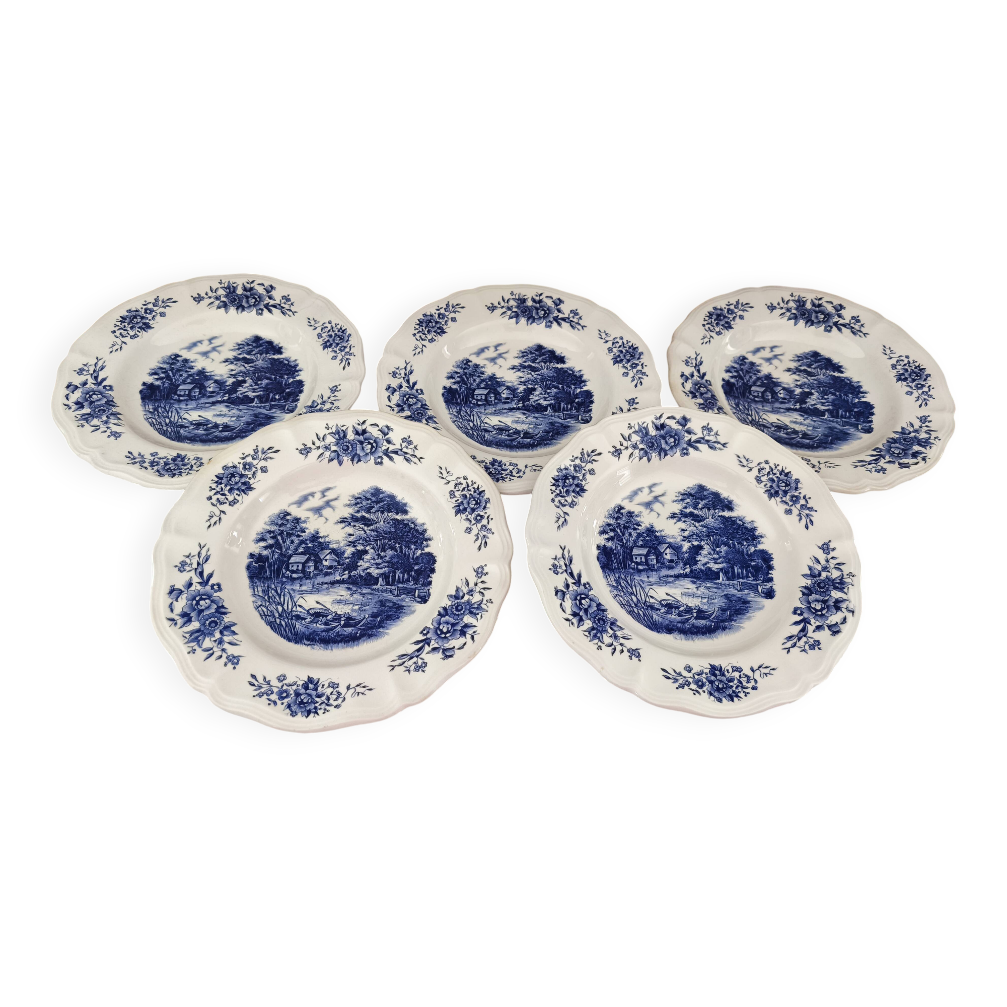 Lot de 5 assiettes creuses Sarreguemines modèle Romantic bleu