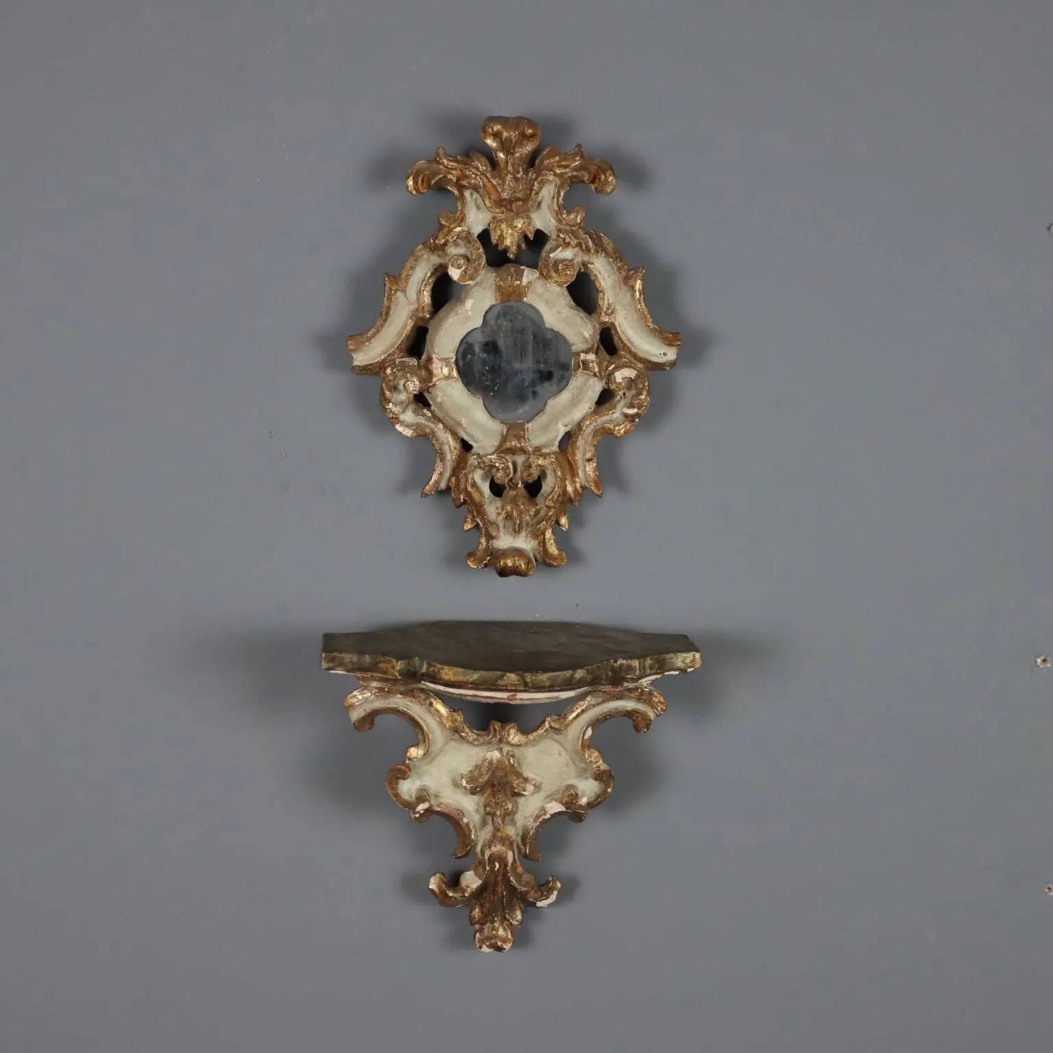 Shelf model with a carved wooden mirror, Baroque style, 19th century.