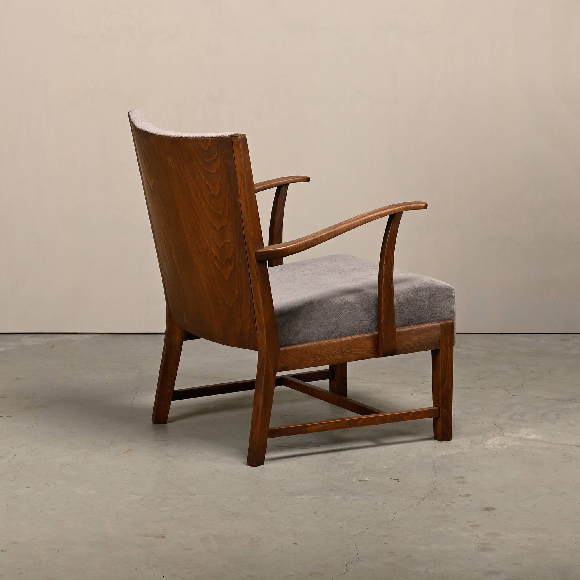 Fritz Hansen Armchair in stained beech wood and warm Grey Mohair, 1940s