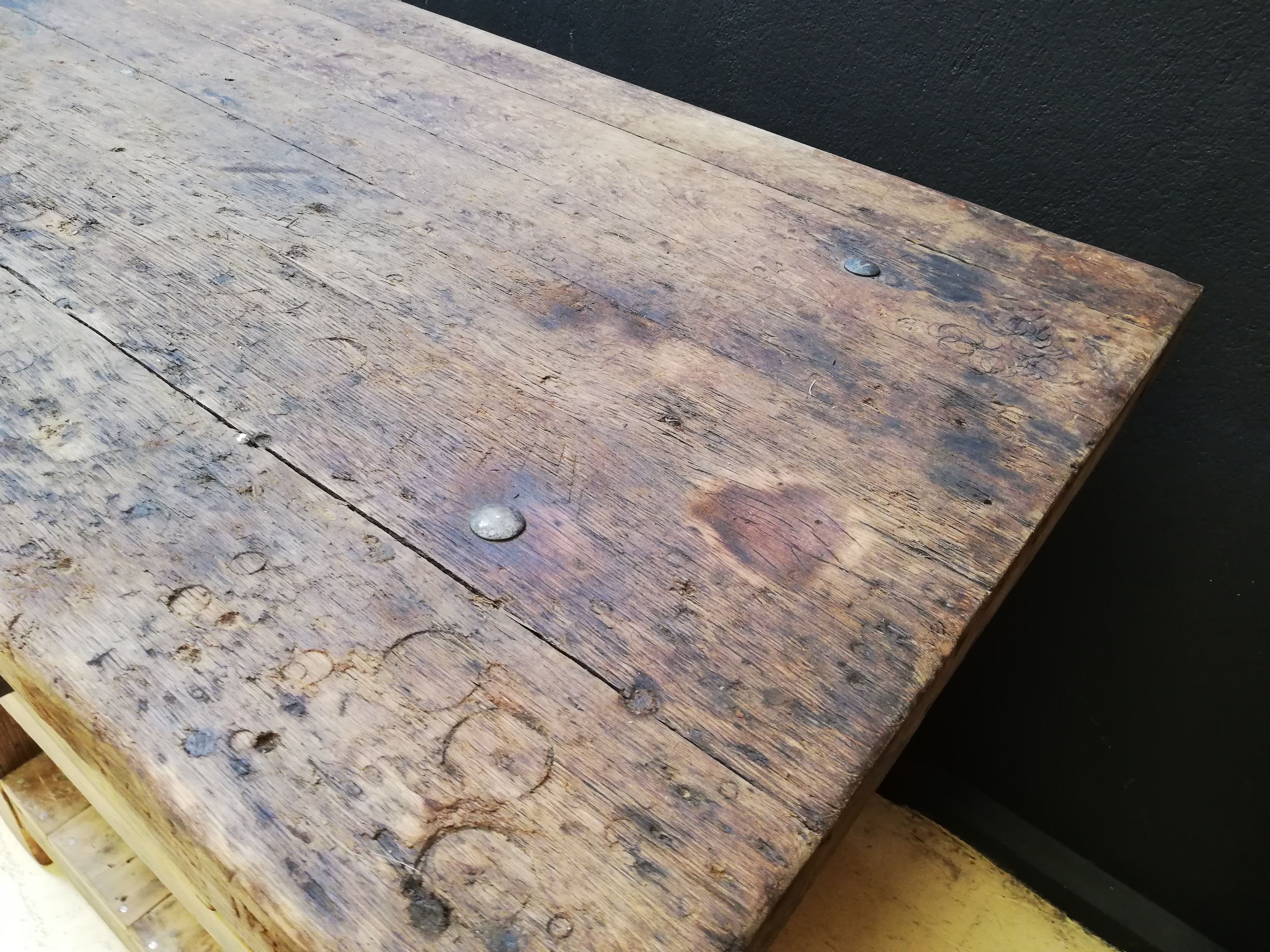 Old vintage wooden carpenter's workbench, industrial decoration