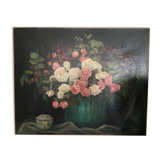 Huile sur toile - Bouquet de roses et sucrier