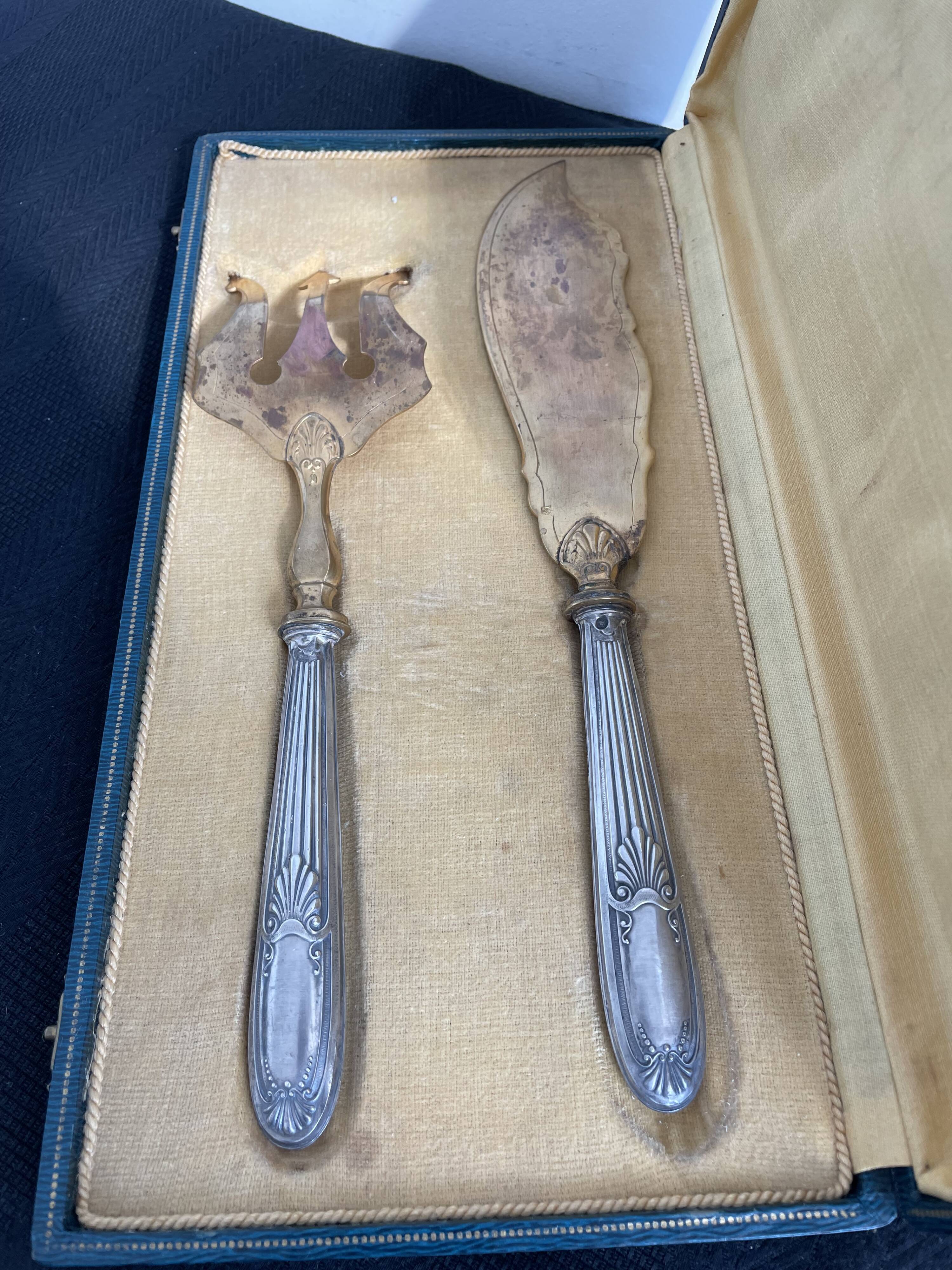 Antique, fish service cover, stuffed silver, gilded metal, France