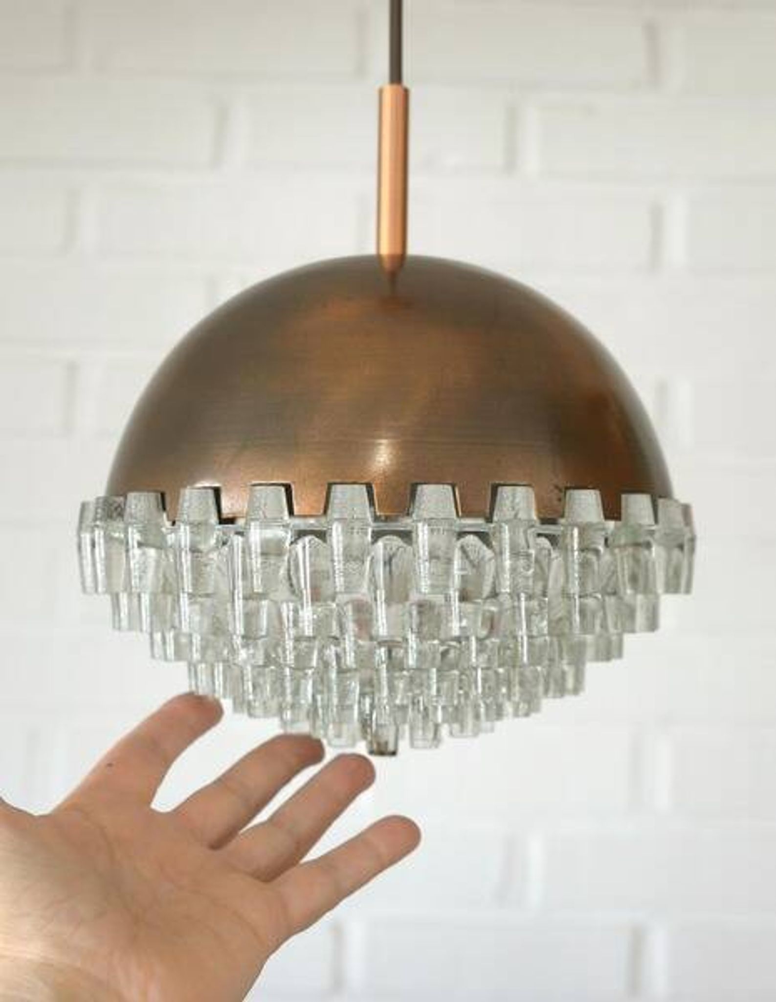 1/4 Vintage glass pendant light / brutalist copper bar lamps  MCM 1970s