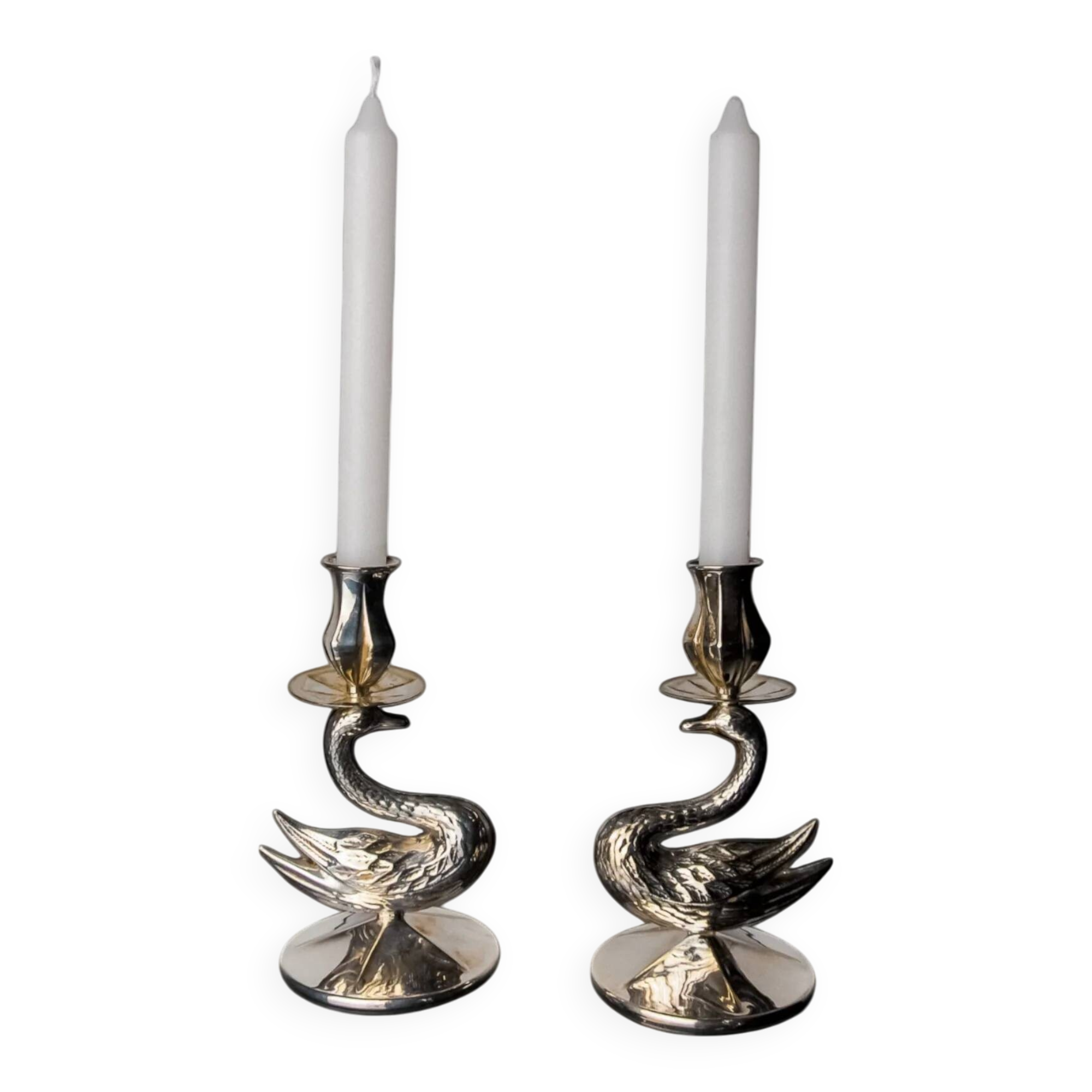 Pair of art deco swan candlesticks in alpaca, Spain, 1970