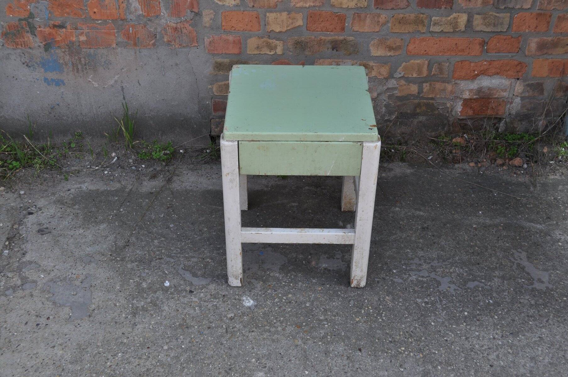 Pair of green and white painted pine stools with drawer, 1940s industrial vintage.