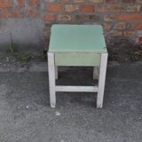 Pair of green and white painted pine stools with drawer, 1940s industrial vintage.