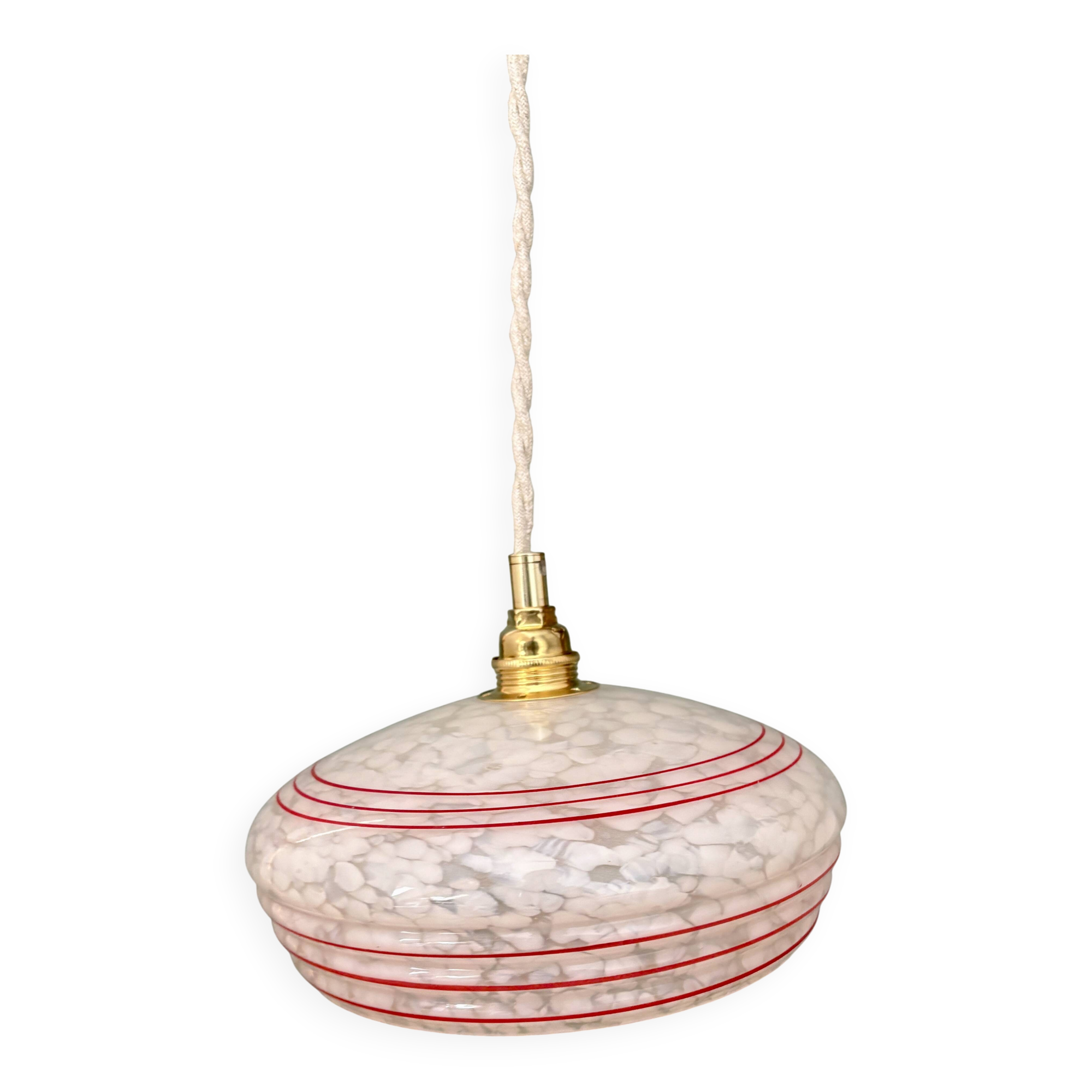 Vintage white clichy glass lampshade pendant light with red trim