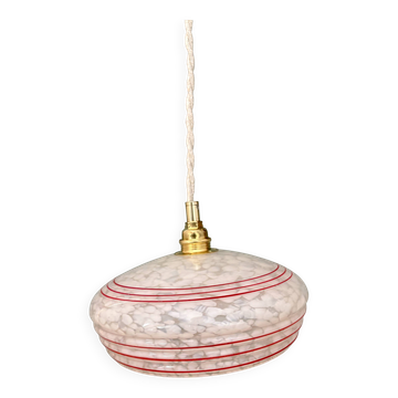 Vintage white clichy glass lampshade pendant light with red trim