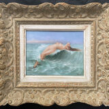 Painting HSCéramique "Nue sur la vague" signed M. Damon 1918 + frame