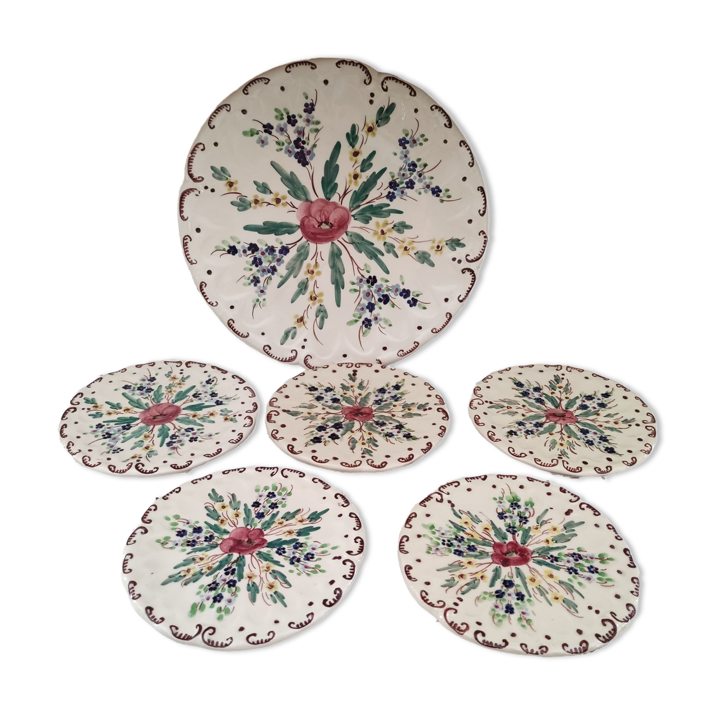 Dessert service 6 pieces 5 people ceramic signed Berger Antibes