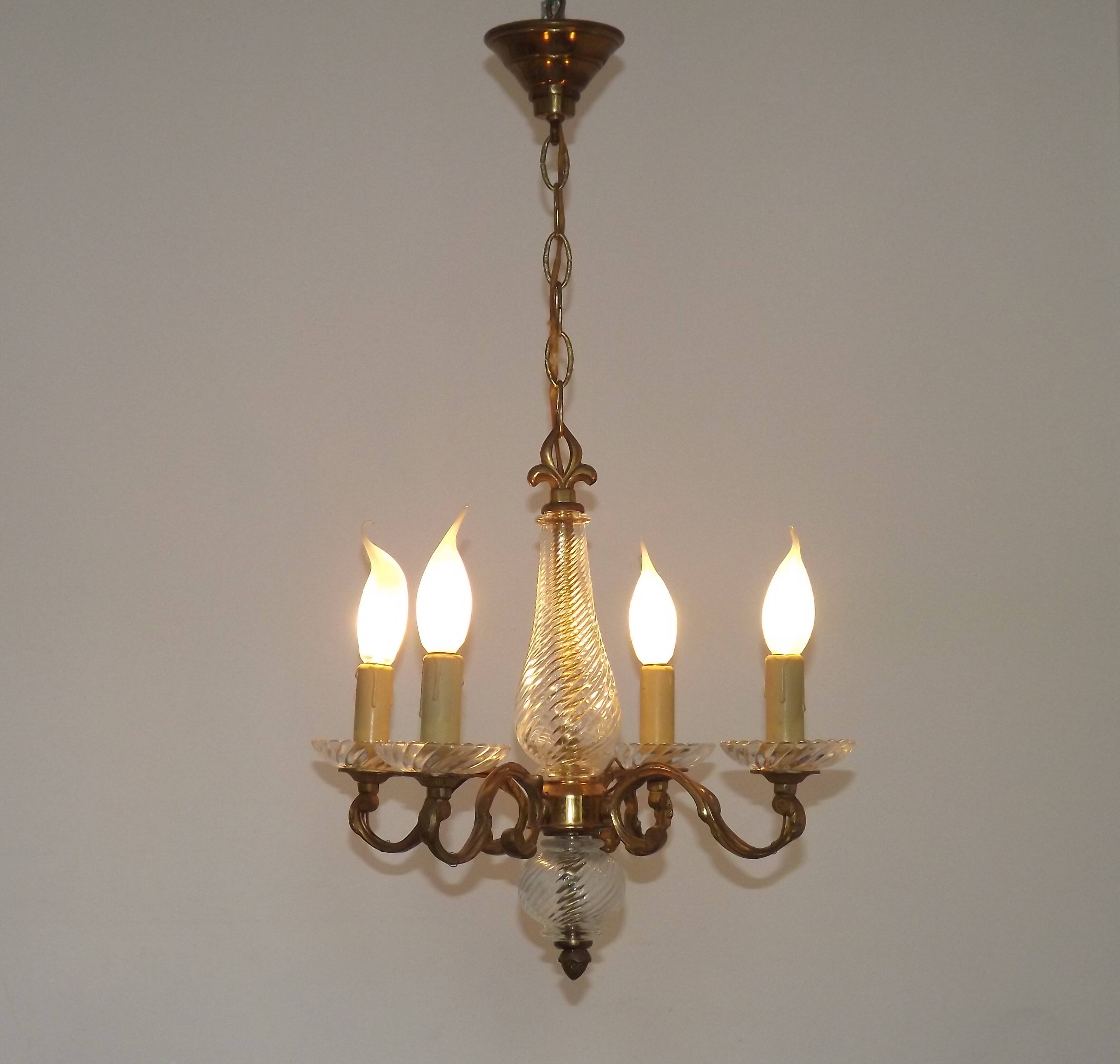 Mid-Century Bronze & Cut Glass 4-Light Chandelier with Fleur-de-Lys Detail
