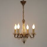 Mid-Century Bronze & Cut Glass 4-Light Chandelier with Fleur-de-Lys Detail