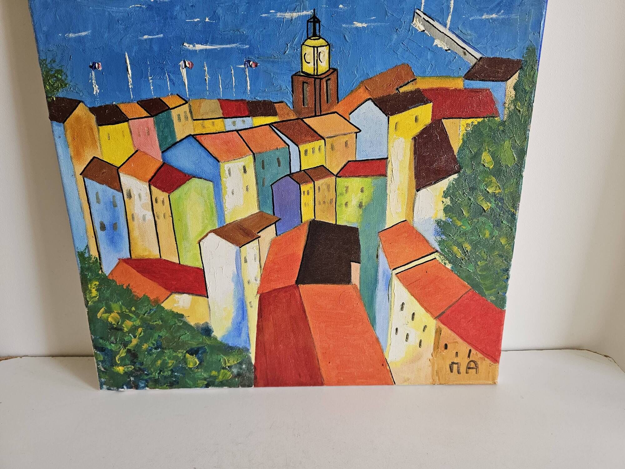 Oil painting - Colourful view of the rooftops of the village of Saint-Tropez